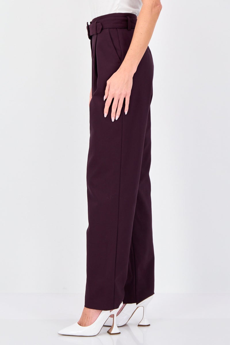 promod Women Regular Fit Plain Belted Straight Pants, Purple - Image 2